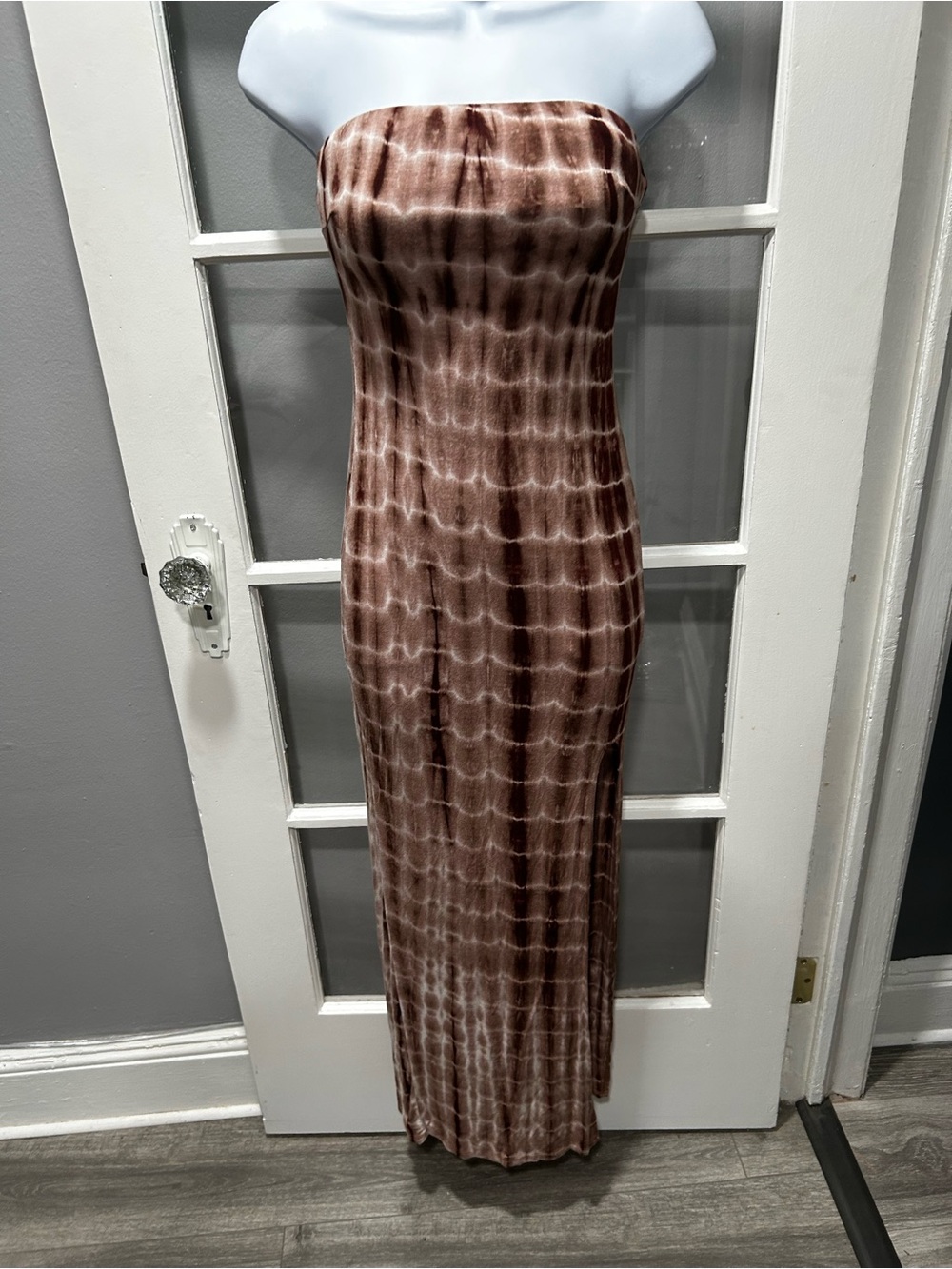 Fashion Nova Brown Tie-Dye Strapless Maxi Dress